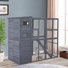 Outdoor Wooden Catio with 4 Tier Main House, Ramp, Platforms, Asphalt Roof, Ramps, Sliding Door, Window, Grey