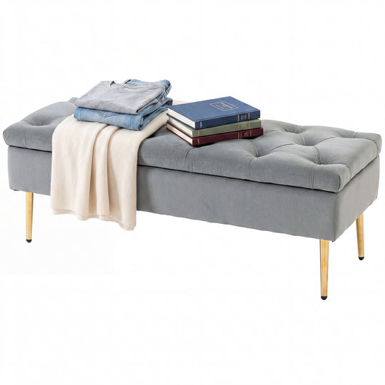 Upholstered Bedroom Bench with Gold Tone Metal Legs, Velvet Tufted and Thick Padding, Grey