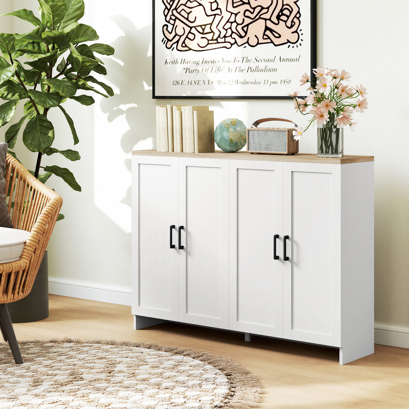 Modern Sideboard Buffet Cabinet, Modern Kitchen Storage Cabinet with 4 Doors Adjustable Shelves, for Dining Room, White