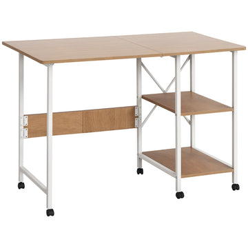 Folding Computer Desk with Storage Shelves, Study Writing Table Laptop Desk with 6 Wheels for Bedroom Home Office Workstation, Natural