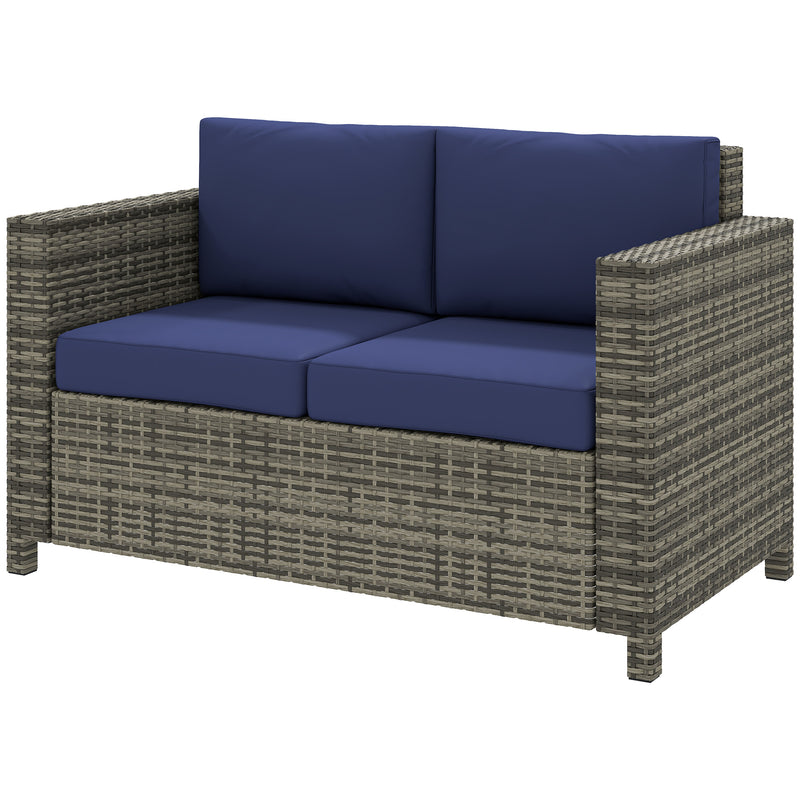 Causeuse de patio de luxe en osier à 2 places, canapé d'extérieur en rotin tout temps avec coussin pour balcon, terrasse, jardin et bord de piscine, gris