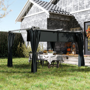 10' x 13' Pergola with Retractable Canopy and Curtains, UPF30+ Sun Shade Shelter for Grill, Garden, Backyard, Deck, Dark Grey