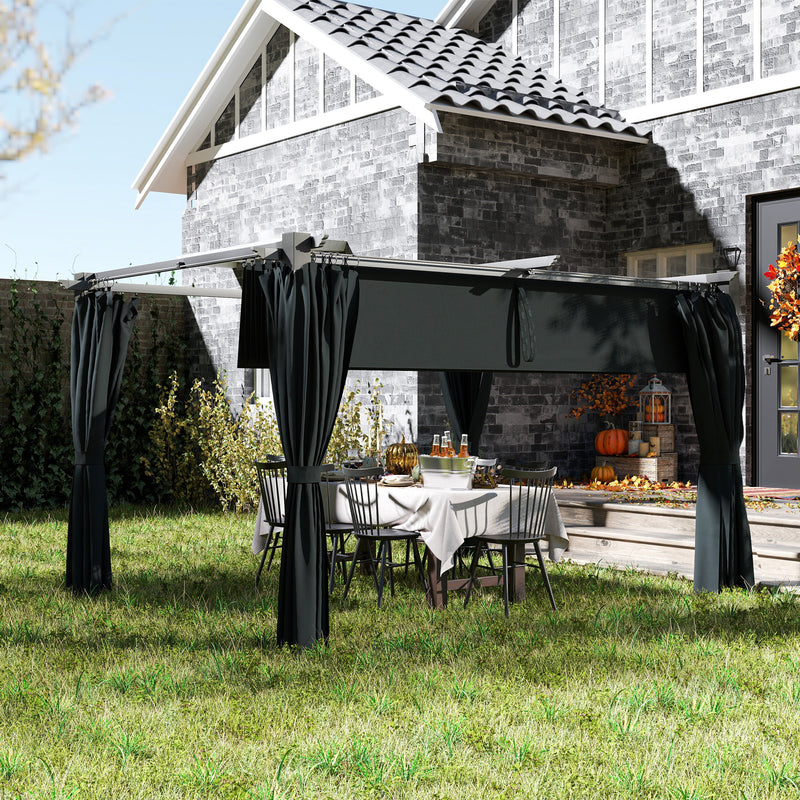 10' x 13' Pergola with Retractable Canopy and Curtains, UPF30+ Sun Shade Shelter for Grill, Garden, Backyard, Deck, Dark Grey
