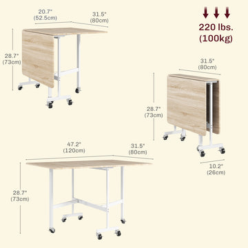 Six-Seater Drop-Leaf Dining Table with Wheels, White