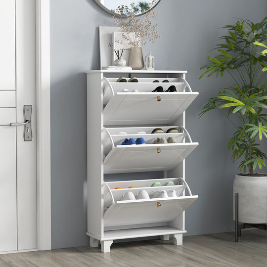 Narrow Shoe Storage with 3 Flip Drawers and Adjustable Shelves, Shoe Cabinet Organizer for 12 Pairs of Shoes, White