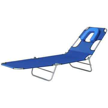 Outdoor Lounge Chair, Adjustable Folding Chaise Lounge with Face Cavity, Tanning Chair Sun Lounger Bed Recliner, Blue