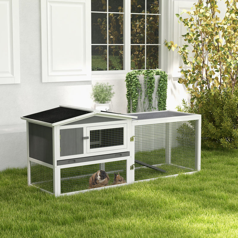 Wooden Rabbit Hutch Guinea Pig House with Removable Tray, Openable Roof, Trough, Run for Tortoises and Ferrets, Grey