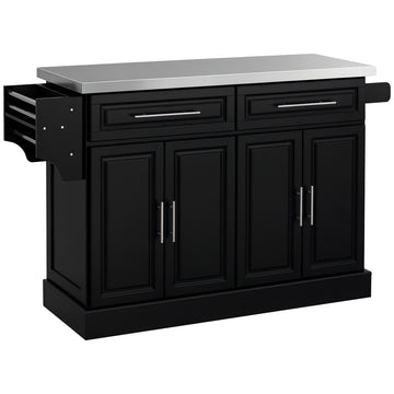 Stainless Steel Kitchen Island with Storage and Stainless Steel Top, Kitchen Trolley with Drawers, Cabinets, Towel Rack, Black