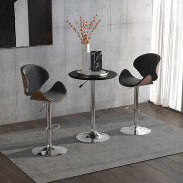 Modern Round Bar Table Adjustment Height Home Pub Bistro Desk Faux Leather Covered Wooden Top Chrome Base Black