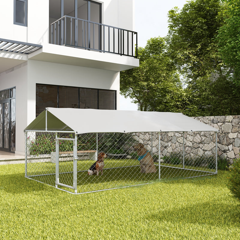13.1' x 7.5' x 4.9' Outdoor Dog Kennel Dog Run with Waterproof, UV Resistant Cover for Medium Large Sized Dogs, Silver