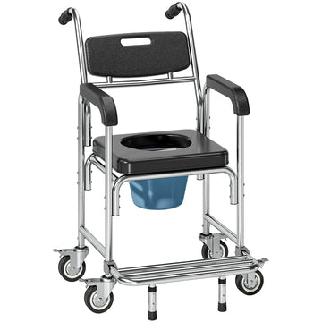 3-in-1 Shower Commode Wheelchair, Transport Beside Commode Chair with Padded Seat for the Elderly, Disabled