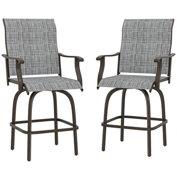 Outdoor Bar Stools Set of 2, Swivel Bar Height Chairs with High Back, Curved Armrests and Steel Frame for Balcony, Mixed Grey