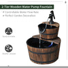 2-Tier Wooden Barrel Water Fountain with Electric Pump Cascading Feature Outdoor Indoor Decoration