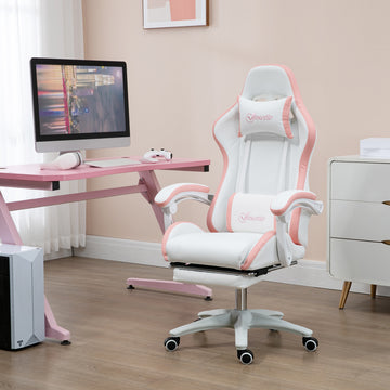 Computer Gaming Chair, PU Leather Office Desk Chair with Footrest, Swivel Wheels, 135° Reclining Back, White