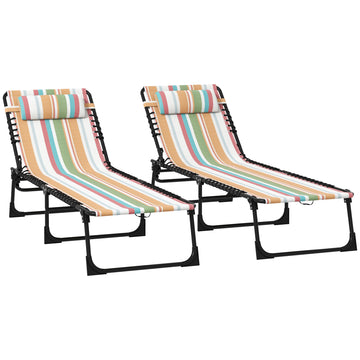 2pcs Folding Lounge Chair, Adjustable Chaise Lounge with Headrest, Reclining Lounger Cot for Camping, Multi-colored