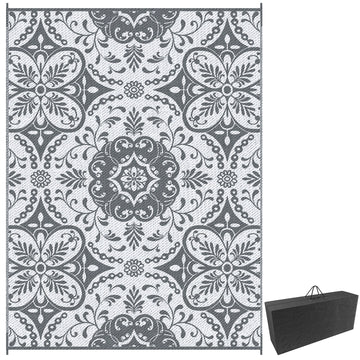Portable Outdoor Rug with Carry Bag, 9' x 12' Reversible Mat, Waterproof Plastic Straw RV Rug for Backyard, Deck, Picnic, Beach, Camping, Gray & White Flower