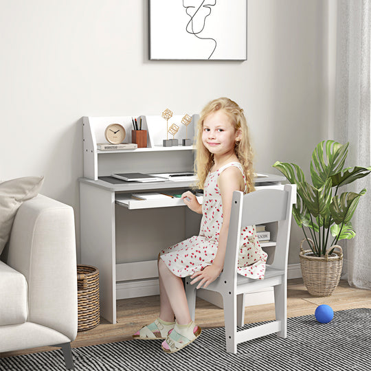 Kids Desk and Chair Set for 5-8 Year Old with Storage, Study Table and Chair for Children, Grey