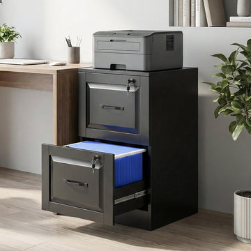 2 Drawer File Cabinet with Lock, Vertical Filing Cabinet with Adjustable Hanging Bars for A4 and Letter Size, Black