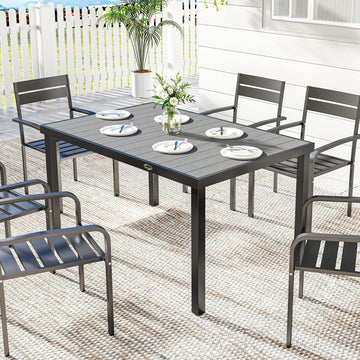 Rectangular Patio Table for 6, Outdoor Dining Table with Wood-Plastic Composite Top and Steel Frame for Garden, Grey
