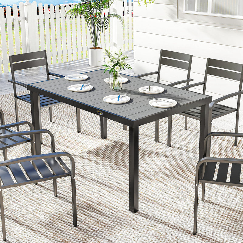 Rectangular Patio Table for 6, Outdoor Dining Table with Wood-Plastic Composite Top and Steel Frame for Garden, Grey