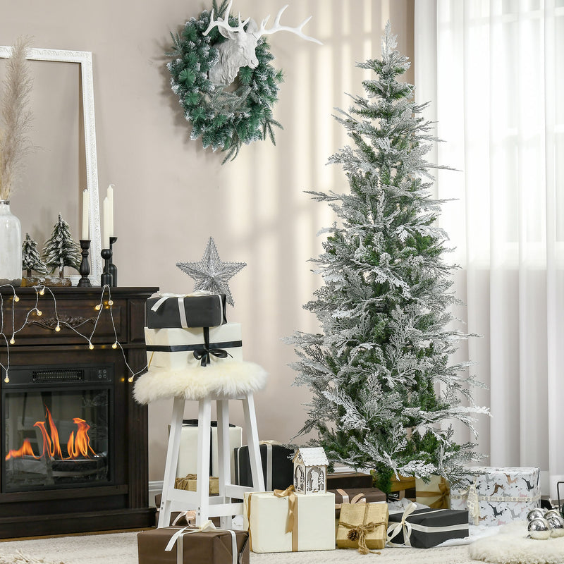 7.5 Feet Pencil Snow Flocked Artificial Christmas Tree with 880 Realistic Cypress Branches, Auto Open, Green