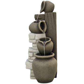 Wine Jars Outdoor Waterfall Fountain with Adjustable Flow, 4-Tier Rustic Resin Cascading Water Fountain, Decorative Backyard Water Feature for Zen Garden, Deck, Porch
