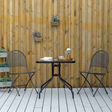 Square Patio Dining Table with Umbrella Hole Tempered Glass Top Outdoor Dining Table for Garden Balcony Black