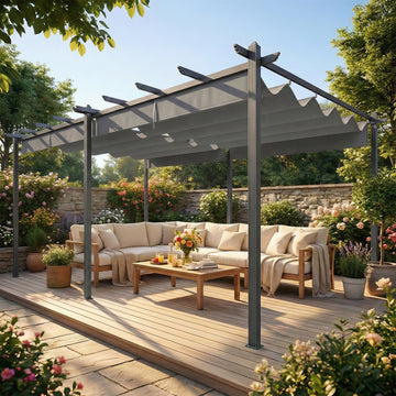 11.7' x 19.6' Retractable Pergola Canopy, Aluminum Pergola for Grill, Patio, Garden, Deck, Light Grey
