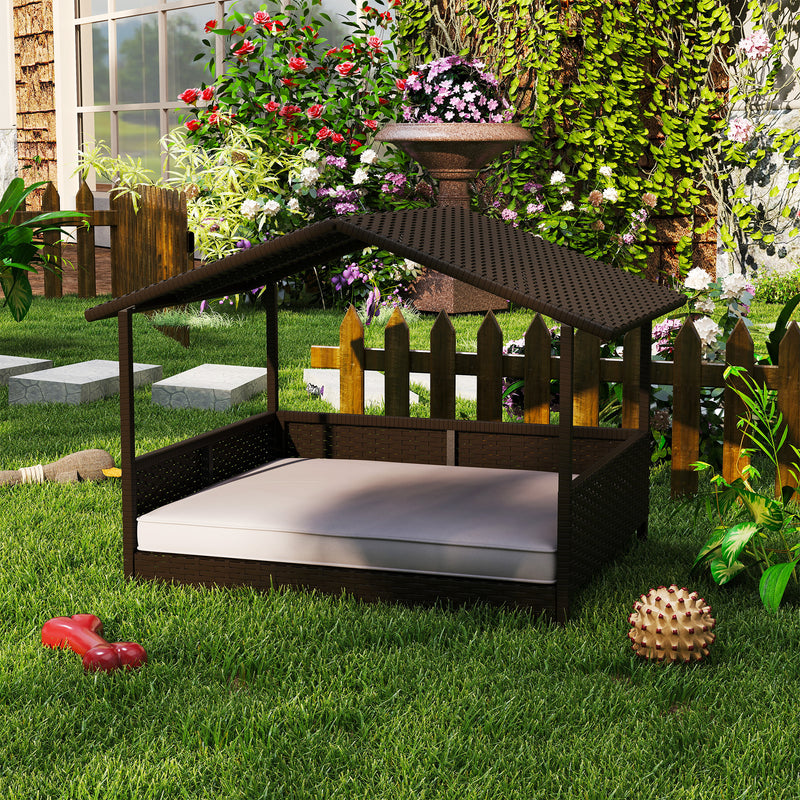 Elevated Rattan Dog House Outdoor with Canopy, Wicker Dog Bed with Water-Resistant Cushion, for Small and Medium Dogs Cream White