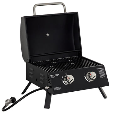 2 Burner Propane Gas Grill, Outdoor Portable Tabletop BBQ with Foldable Legs, 10000 Each Burner, Lid, for Camping, Picnic, Backyard, Black