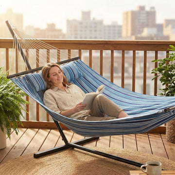 Hammock with Stand Heavy Duty Camping Hammock with Steel Frame for Patio Backyard Blue and White