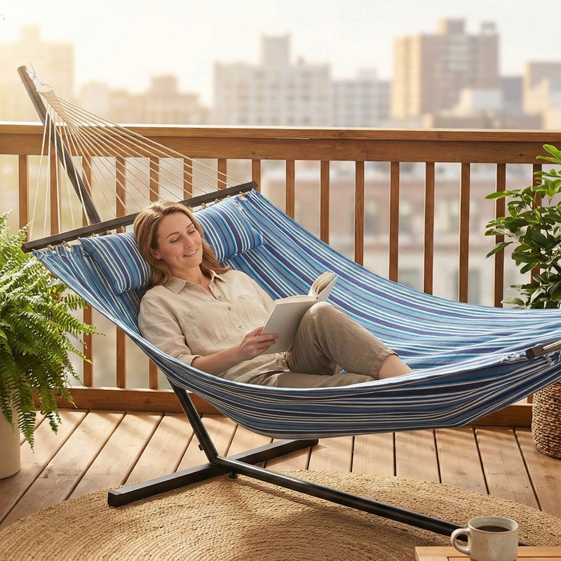 Hammock with Stand Heavy Duty Camping Hammock with Steel Frame for Patio Backyard Blue and White