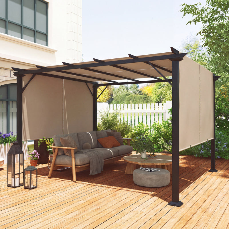 12' x 10' Outdoor Patio Gazebo Pergola with Retractable Canopy Roof, Steel Frame with Stakes, Unique Design, Light Brown