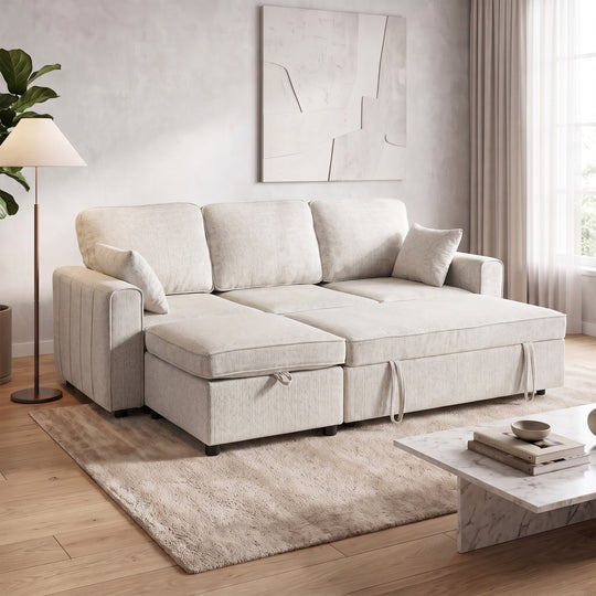 Modular Sectional Sofa Bed with Reversible Storage Ottoman, Pull Out Sleeper Sofa with Spring Cushion, Beige