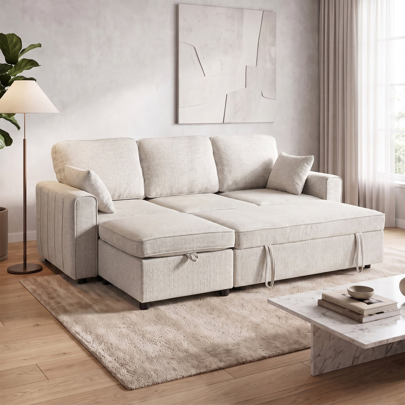 Modular Sectional Sofa Bed with Reversible Storage Ottoman, Pull Out Sleeper Sofa with Spring Cushion, Beige