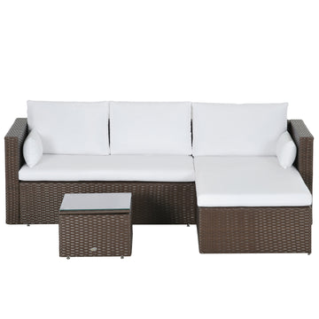 3pcs Modern Rattan Sofa Set, Wicker Patio Furniture Set with Coffee Table, Cushions, Pillows
