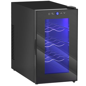 Wine Fridge, 12 Bottle, Under Counter Drinks Beer Wine Cooler with Glass Door, LED Light, Temperature Control