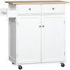 Rolling Kitchen Island with Storage, Kitchen Cart with Rubber Wood Top, Adjustable Shelf, Towel Rack, Hooks and Storage Drawers, White