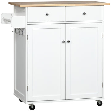 Rolling Kitchen Island with Storage, Kitchen Cart with Rubber Wood Top, Adjustable Shelf, Towel Rack, Hooks and Storage Drawers, White
