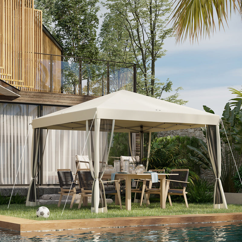 10' x 10' Pop Up Canopy Tent Gazebo, Foldable Canopy Tent with Zipper Mesh Sidewalls and Carry Bag, Easy Setup Screen Shelter for Backyard Patio Outdoor, Beige