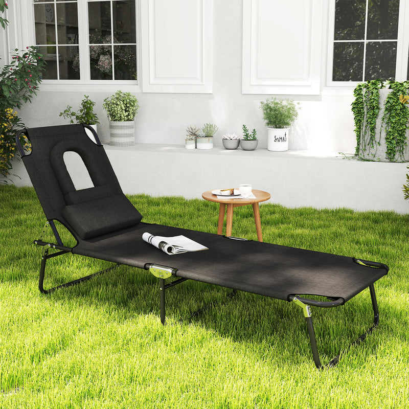 Adjustable Outdoor Lounge Chair, Garden Folding Chaise Lounge with Face Hole Reclining Tanning Chair Seat, Folding Camping Beach Lounging Bed w/ Support Pillow, Black