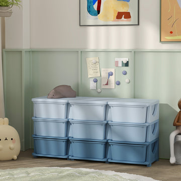 Qaba 3 Tier Kids Toy Organizer and Storage Bins with 9 Plastic Drawers, Blue
