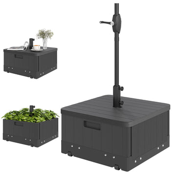 3-in-1 Outdoor Umbrella Base with Wheels, Side Table, Planter Box, 175lbs Heavy Duty Patio Umbrella Stand, Black