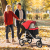 3 Wheel Folding Dog Stroller, Travel Carrier with Adjustable Canopy, Storage Brake, Mesh Window for S&M Dogs, Red