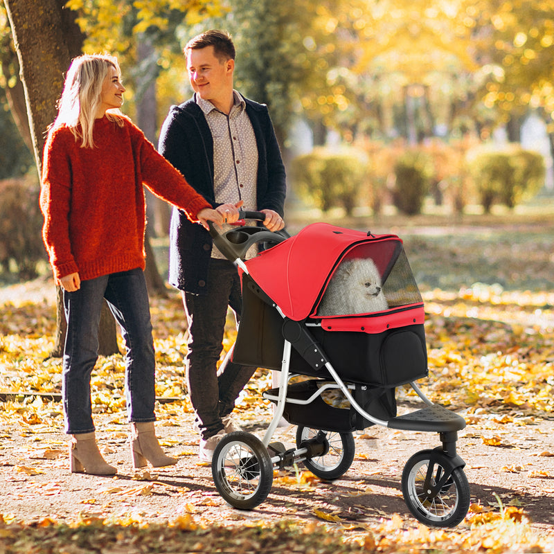 3 Wheel Folding Dog Stroller, Travel Carrier with Adjustable Canopy, Storage Brake, Mesh Window for S&M Dogs, Red