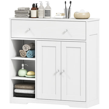 Bathroom Floor Cabinet, Freestanding Bathroom Cabinet with Drawer, Door, Open Shelves, White