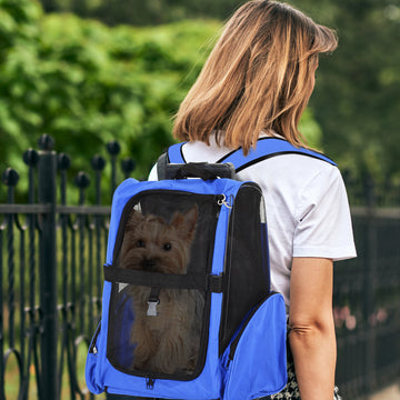 2-IN-1 Pet Luggage Box Backpack Carrier Cats Dogs w/ Handle, Rolling Wheel Blue
