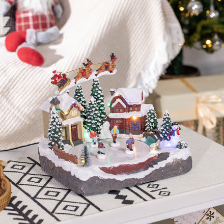 Christmas Village, Santa and Deer Skating Pond Animated Winter Wonderland Set with Multicolored LED Light, Plug-In Christmas Decoration