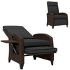 Wicker Recliner Chair with Adjustable Backrest and Footrest, Washable Cushion, Side Tray, Black