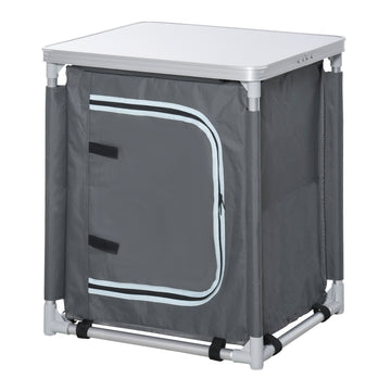 Camping Kitchen Station, Aluminum Camping Table Cook Cupboard with 2-Shelf and Carrying Bag for BBQ Party Picnics, Grey